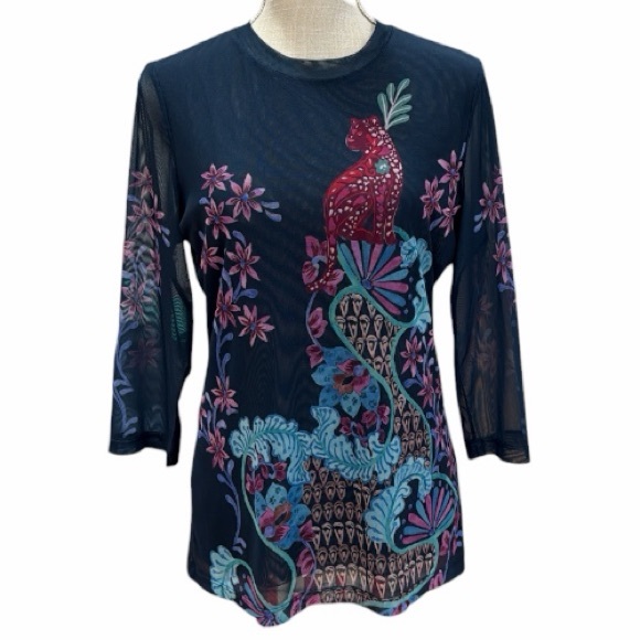 Jade Johnny Was Natalie 3/4 Sleeve Mesh Top with Peacock Floral Blouse Navy Sz L - Picture 2 of 9